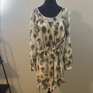 Merona Cream and Black Ruffled Dress with Long Bishop Sleeves